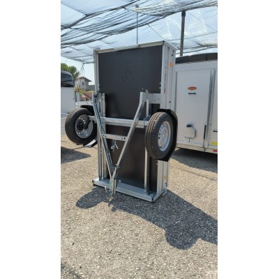 Carrello rimorchio auto monoasse in alluminio con timone pieghevole.